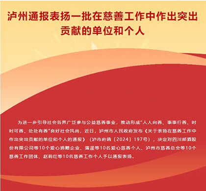 喜报｜金沙澳门(中国)唯一官方网站股份公司荣获泸州市“爱心捐赠企业”称号